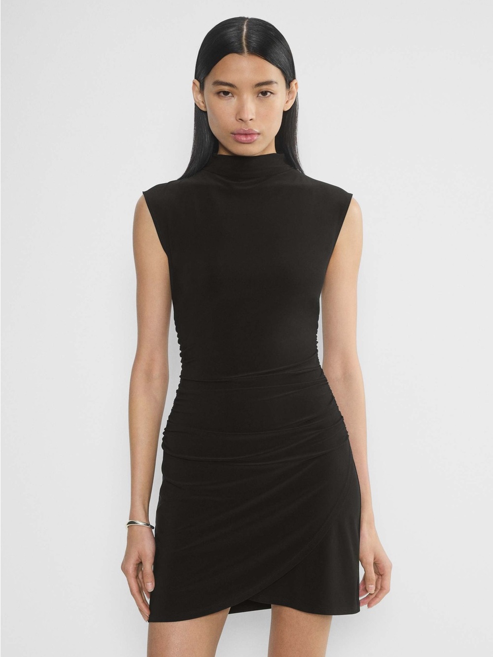 Aritzia Wilfred Boulevard Mockneck Ruched Wrap Mini Dress in Black XL New NWOT